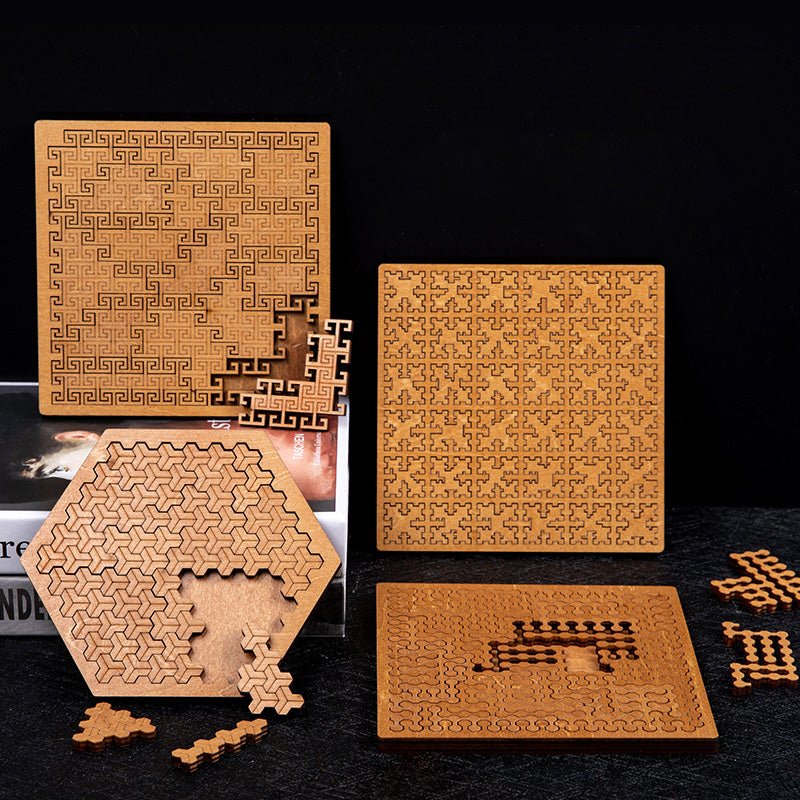 Complete set of wooden geometric brain teaser puzzles including Hex, Classic, and Chain.