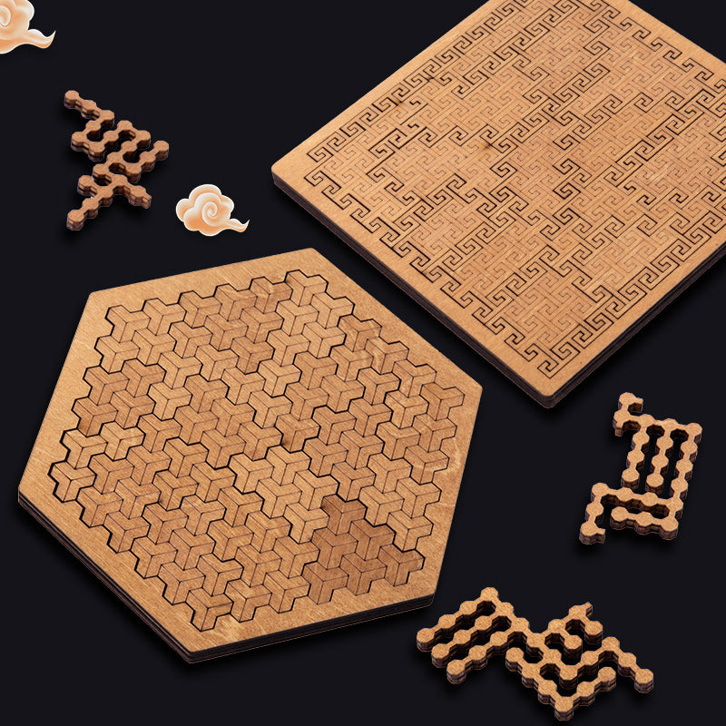 Hexagonal wooden brain teaser base with several loose interlocking puzzle pieces.
