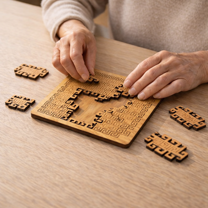 Close-up of hands solving the hexagonal wooden brain teaser jigsaw puzzle.