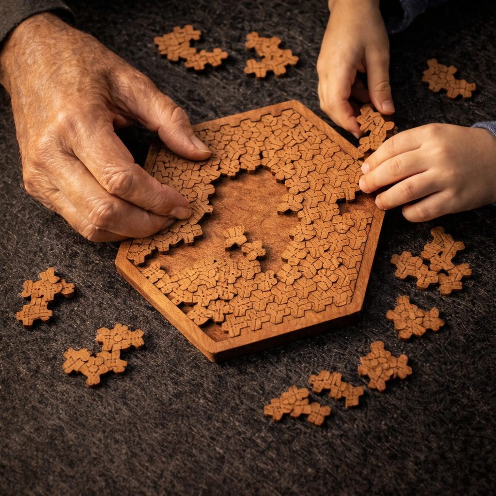 Educational hexagonal wooden jigsaw puzzle being solved by a child.