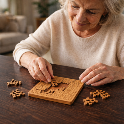 Senior woman enjoying a mental challenge with the wooden brain teaser puzzle.