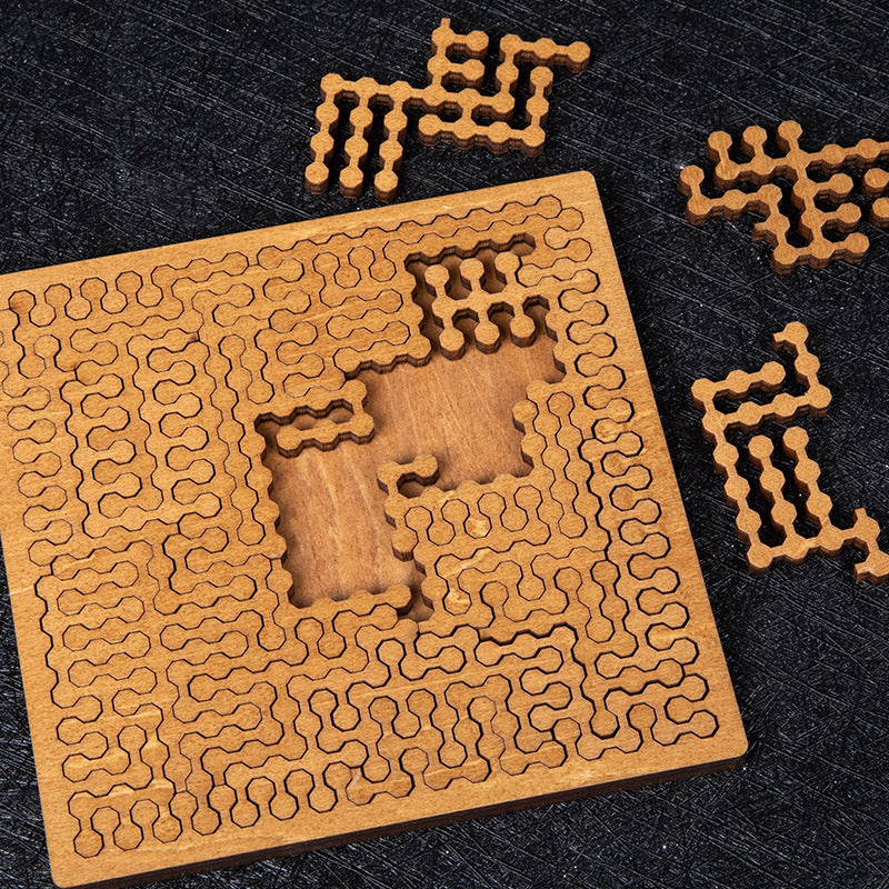 Intricate square-shaped wooden geometric jigsaw puzzle with interlocking pieces.